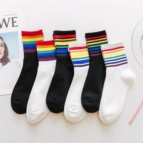 Breathable Sock for Women 1Pairs Autumn Winter Japanese Style Rainbow Stripe Cotton Mid Tube Socks Long Socks