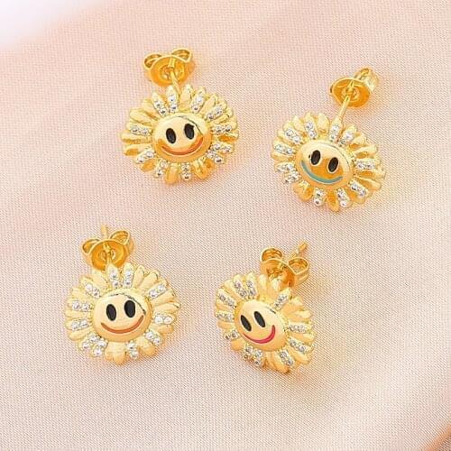 2Pcs 2021 New Sun Flower Smile Golden Ear Stud For Women Fashion Earrings Trend Jewelry Best Gift