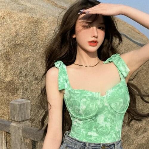Sexy Tank Top Green Halter Crop Top Women Summer Camis Backless Camisole Fashion Casual Print Top Female Sleeveless Cropped Vest