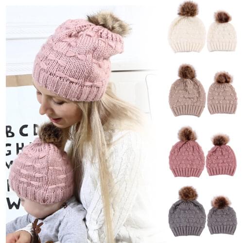 Infant Baby Boy Girl & Mom Winter Knit Warm Soft Beanie Hat Hairball Cap for Adult Children Family Matching Caps Hats