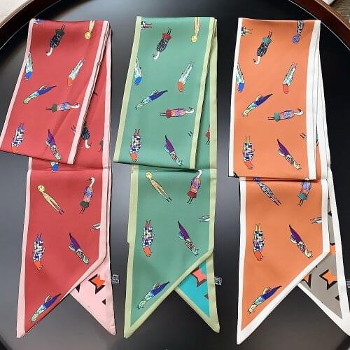 160*13cm New Style All-match Printed Cartoon Character Twill Weave Silk Womens Strip Scarves