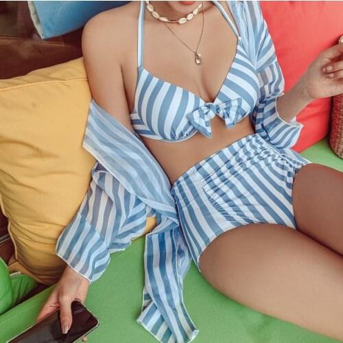 2021 New Sexy Retro Blue White Striped Bandeau High Waist Bikini Lady Swimwear Women Swimsuit Female Swim Bathing Suit
