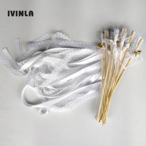 50pcs/lot lace wedding ribbon wands with gold bell for wedding party