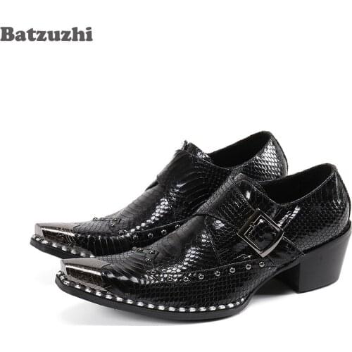 Batzuzhi 6.5cm High Heels Mens Shoes Zapatos Hombre Leather Mens Dress Shoes Metal Pointed Toe Black Business, Party Shoes