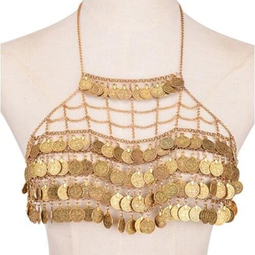 Exaggeration Fashion Personality Body Chain Metal Heavy Industry Multi-layer Coin Tassel Chest Chain Gold Accessories Girls