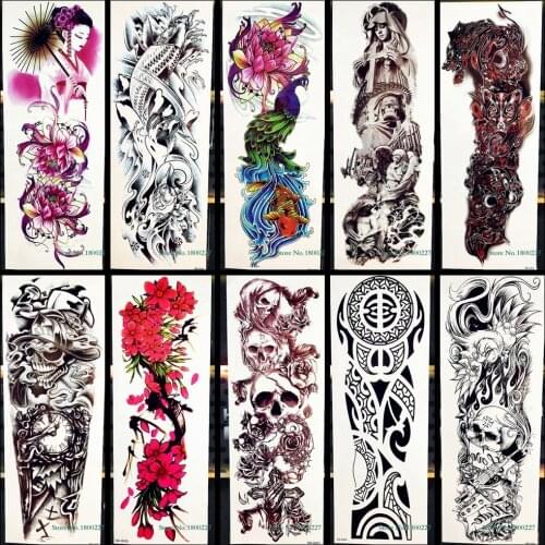 Large Full Arm Temporary Tattoo Sticker Peacock Flower Spartan Skull Totem Body Art For Men Women Waterproof Fake Tattoo Sticker