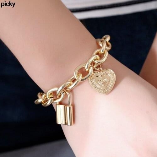 Punk Adjustable Silver Gold Color Link Chain Lock Bracelet for Women and Men Friendship Heart Bracelets for Couples Jewelry 2020