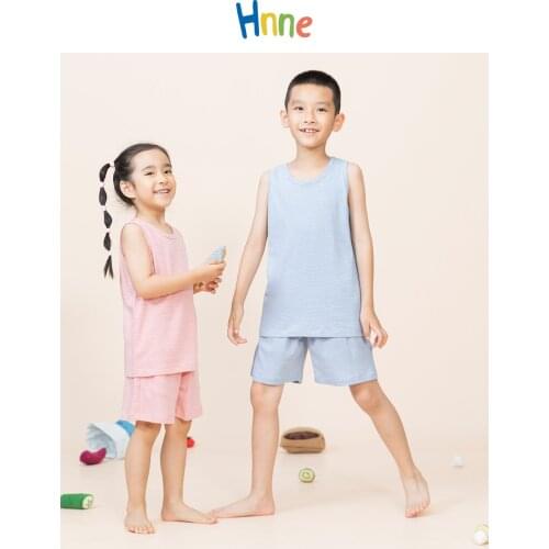 Hnne 2021 Summer New Sleeveless Tops Short Pants 2PCS Unisex Boys Girls Outfits Set Kids Striped 100% Cotton Childrens Soft Tees