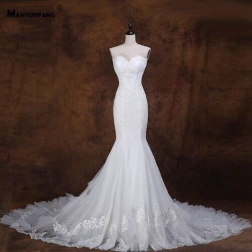 100% Real Strapless Embroidery Appliques Tulle with Lace Mermaid Wedding Dress Elegant Sleeveless Zipper Back Bridal Gown