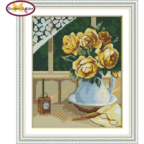 GG Yellow Rose Stamped Cross Stitch Patterns 14CT11CT DIY Kits Needlework Embroidery Sets Joy Sunday Cross Stitch for Home Decor