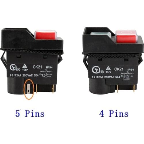 CK21 250V 16A 4Pin 5 Pins Waterproof Electromagnetic Safety Pushbutton Switch for Metal Cutter Grinder Machine Shutter Black