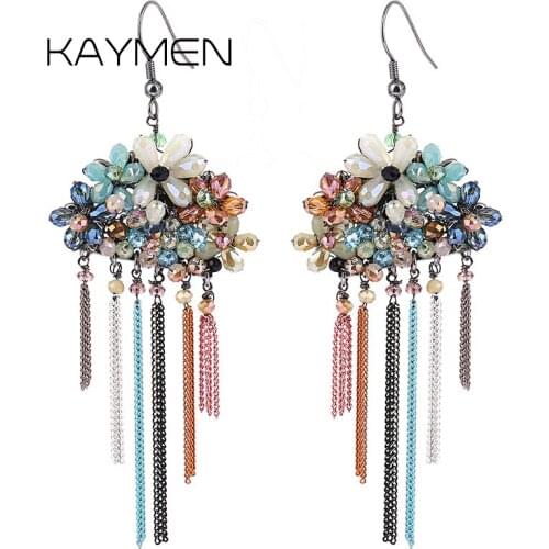 KAYMEN Beautiful Handmade Crystal Flowers and Multicolor Chains Tassels Drop Dangle Earrings for Women, Girls, Fashion jewelry