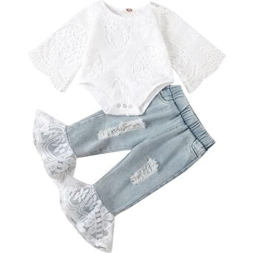 0-24M Babies Girls Lace Clothes 2Pcs Hollow Out Romper Tops Denim Lace Flare Pants Spring Summer Girls Outfits