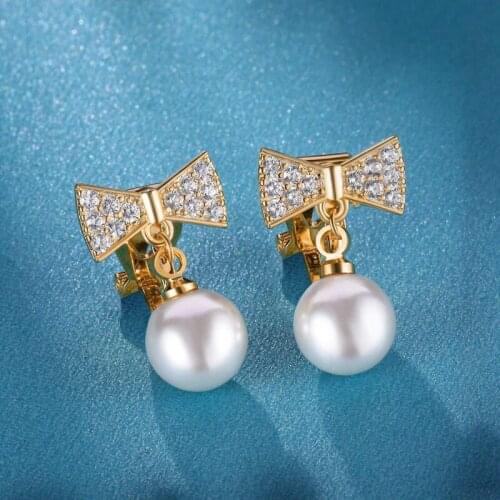 Fashion Dainty Bow Drop Earrings Inlay Small Zircon Hanging Pearl Jewelry For Women Statement Wedding Party Golden Ear Clip Gift