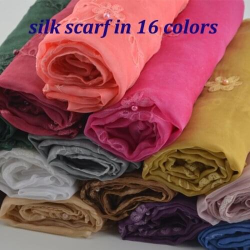 Fashion flower muslim hijab,luxury brand silk scarf,embroidery shawls with pearls in 16 colors,arab shawls headwear,plaid scarf