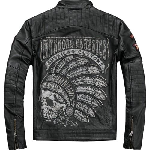Genuine Cowhide Motorcyc Jacket Mens Skull Embroidery Black Slim Fit Fashion Cowhide Coat for Male
