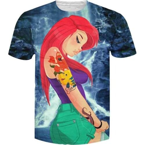 2021 New Summer Ariel3DT Shirt Men and Women Youth Ocean Princess Cartoon T-shirt Harajuku O-neck Casual Top Character T-shirt