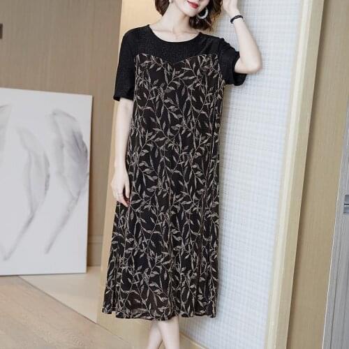 2021 New Summer Fashion Chiffon Women Dress Bright Silk Patchwork Printing Midi Vestidos De Fashion Women Casual Dresses B148