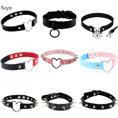 Punk Rock Gothic Necklace Sexy Leather Heart Metal Chain Collar Choker Necklace Body Accessories goth jewelry statement necklace