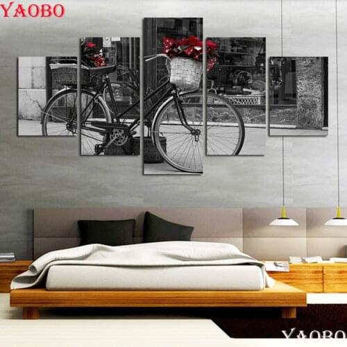 Full Square/Round Daimond Mosaic Black and white bicycle picture Rhinestone Embroidery diamond painting cross stitch 5 Pieces