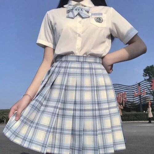 [shinazugawa] Girls Womens Japanese Summer Short Sleeve High Waist Pleated Plaid Skirts For Jk School Uniform Students Cloths
