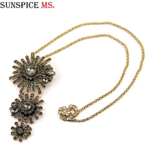 Sunspicems Vintage Grey Crystal Flower Necklace For Women Antique Gold Color Long Pendant Necklace Indian Party Jewelry Gift