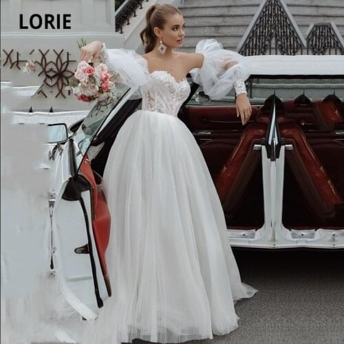 LORIE Bohemian Wedding Dresses Puffy Sleeve Appliques Lace Pleats A-Line Tulle Princess Boho Bridal Gown 2021 vestidos de novia