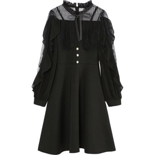 PERHAPS U Black Mesh Patchwork Ruffle Dress Button Long Sleeve Bow Collar A Line Elegant Mini Dress Women Spring Summer D2407