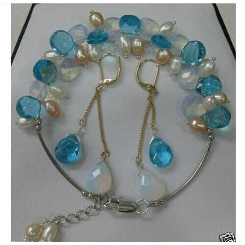 Hot sell new - Beautiful tibet moonstone pearl bracelet earrings set bangle bead jewelry charm cabochon