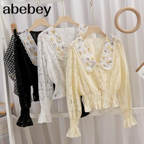 Women sweet peter pan collar lace stitching casual poplin blouse shirts women puff sleeve white chemise chic tops