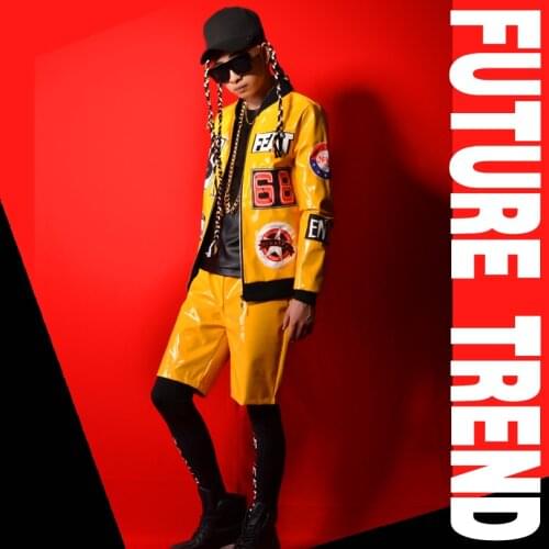 S-5xl 2020 New Mens Clothing Fashion Hip Hop Yellow Paint Baseball Uniform Jacket Singer Pus Size Performance Costumes