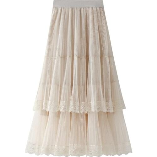 Women Chiffon Long Skirt Elegant Sweet High Waist Elastic A-Line Net Yarn Cake Skirts For Student