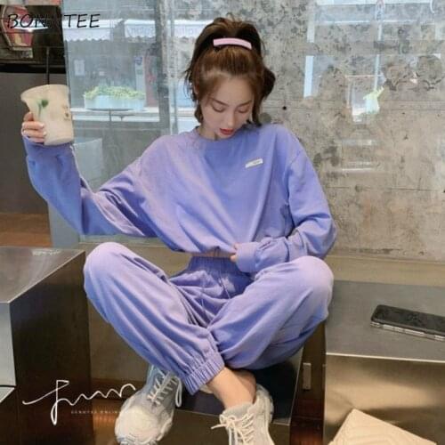 Sets Women Korean College Workout Casual Autumn Spring Ladies Outfits Simple Long Sleeve Crop Top High Waist Fashion Trousers