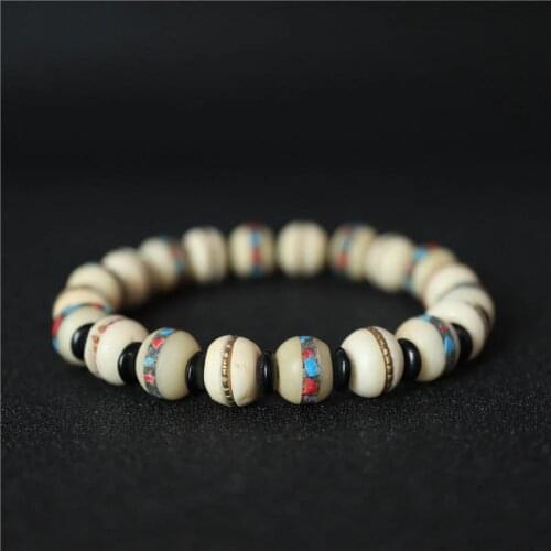 BB-501 White Yak Bone Beaded Bracelet Stretch for Couples 10mm Tibetan Bracelets