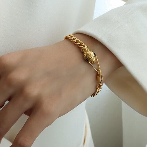 2021 Gold Color Green Eyes Snake Head Chain Bracelet For Women Punk Hip Hop Chunky Chain Bracelet Titanium Steel Jewelry