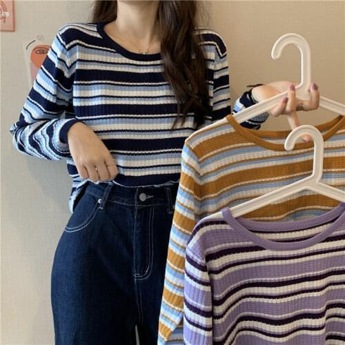 Women Clothing 2020 Pullover Knitted Sweaters Streetwear Long Sleeve Top Stripes Casual Autumn Winter Spring Fall Female O-Neck