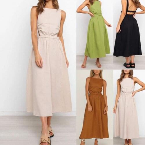 Sexy Women Summer Solid Color A-Line Dress Hollow Out Design O-Neck Sleeveless Backless Mid Waist Slim Pullovers Dress