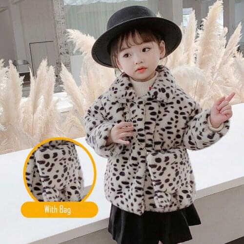 Leopard Winter Wool Coat For Girls Casual Fur Kids Outerwear With Bag Thickened Warm Wool Blend Winter Coats 2 4 5 6 7 8 Year