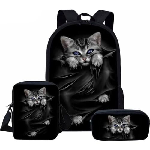 3pcs/Set School Bags for Girls Boys Cute Black Cat 3D Print Children Orthopedic Kids Backpack Student Book Bag Mochila Infantil