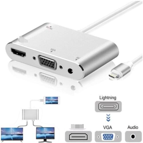 4 In1 Digital Audio Video HDTV Converter Lighting to HDMI-Compatible VGA AV Adapter for I Phone Xs X XR 8 7 to TV USB Cable