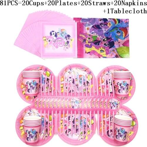 Hot Cartoon Theme My Little Pony Tablecloth Disposable Tableware Sets Kids Pony Birthday Party Decoration Supplies 81Pcs/51Pcs