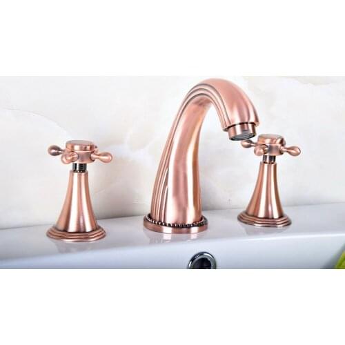 Antique Red Copper Double Cross Handle Deck-Mount 3 Hole Widespread Bathroom Lavatory Bathtub Basin Faucet Sink Mixer Tap drg076