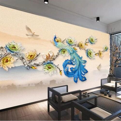 Beibehang Custom wallpaper 3d mural modern minimalist new Chinese embossed floral peacock background wall mural papel de parede
