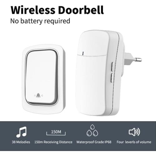 Wireless Doorbell No Battery Waterproof Self-Powered DoorBell Home Cordless Ring Dong Chime Timbre Calling EU UK US Plug