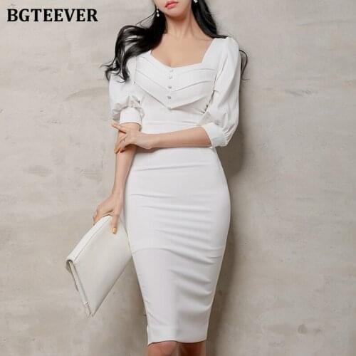 BGTEEVER OL Style Puff Sleeve Women Solid Skinny Dress Elegant Square Collar Single-breasted Bodycon Pencil Vestidos Femme 2021