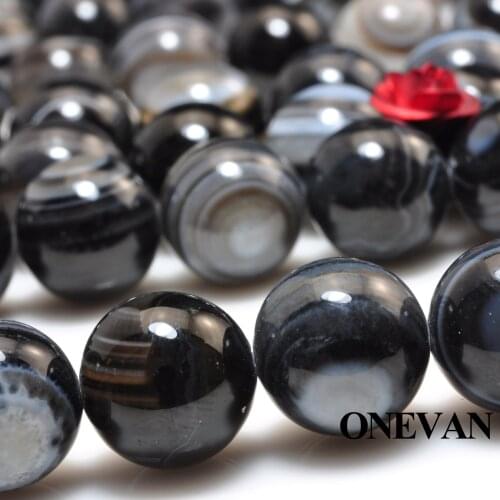 ONEVAN Natural Black Stripe Onyx Eye Agate Beads Smooth Round Stone Bracelet Necklace Jewelry Making Diy Accessories Gift Design