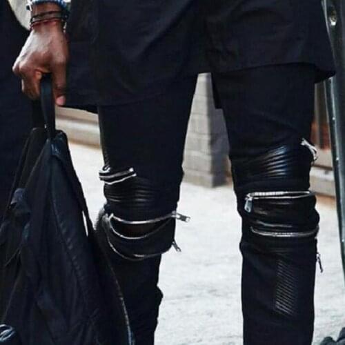 Stage Street Dance Spell Leather PU Zipper Decorative Jeans Men Large Size Pants Feet Pants Nightclub Hip Hop Slim Pants Clothes