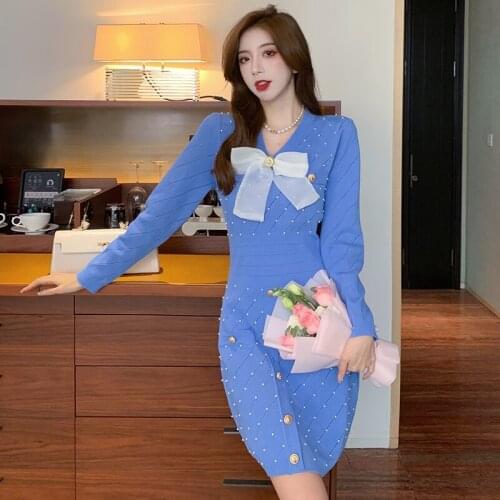 Elegant Women V-Neck Mesh Bowknot Sweater Dress 2021 Fashion Rivet Long Sleeve Golden Buttons Knitted Party Dress