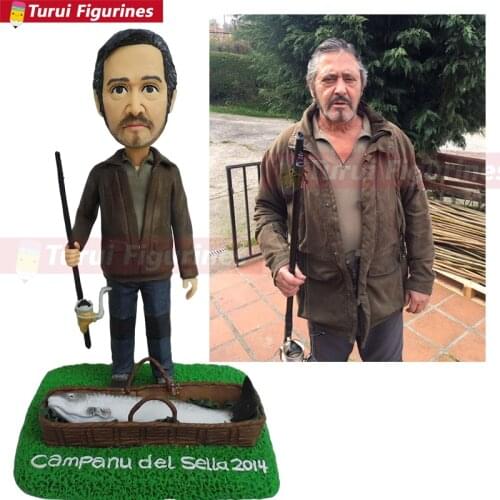 Fisherman fishing enthusiast with fish prey figurine mini statue miniature pottery polymer clay doll custom gift engraved name