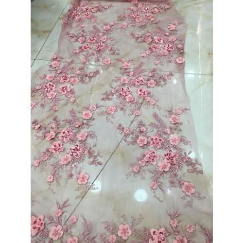 Htt088-5 stock new arrive pink color luxury beads pearls 3d embroidery tulle mesh for evening dress/sawing/wedding
